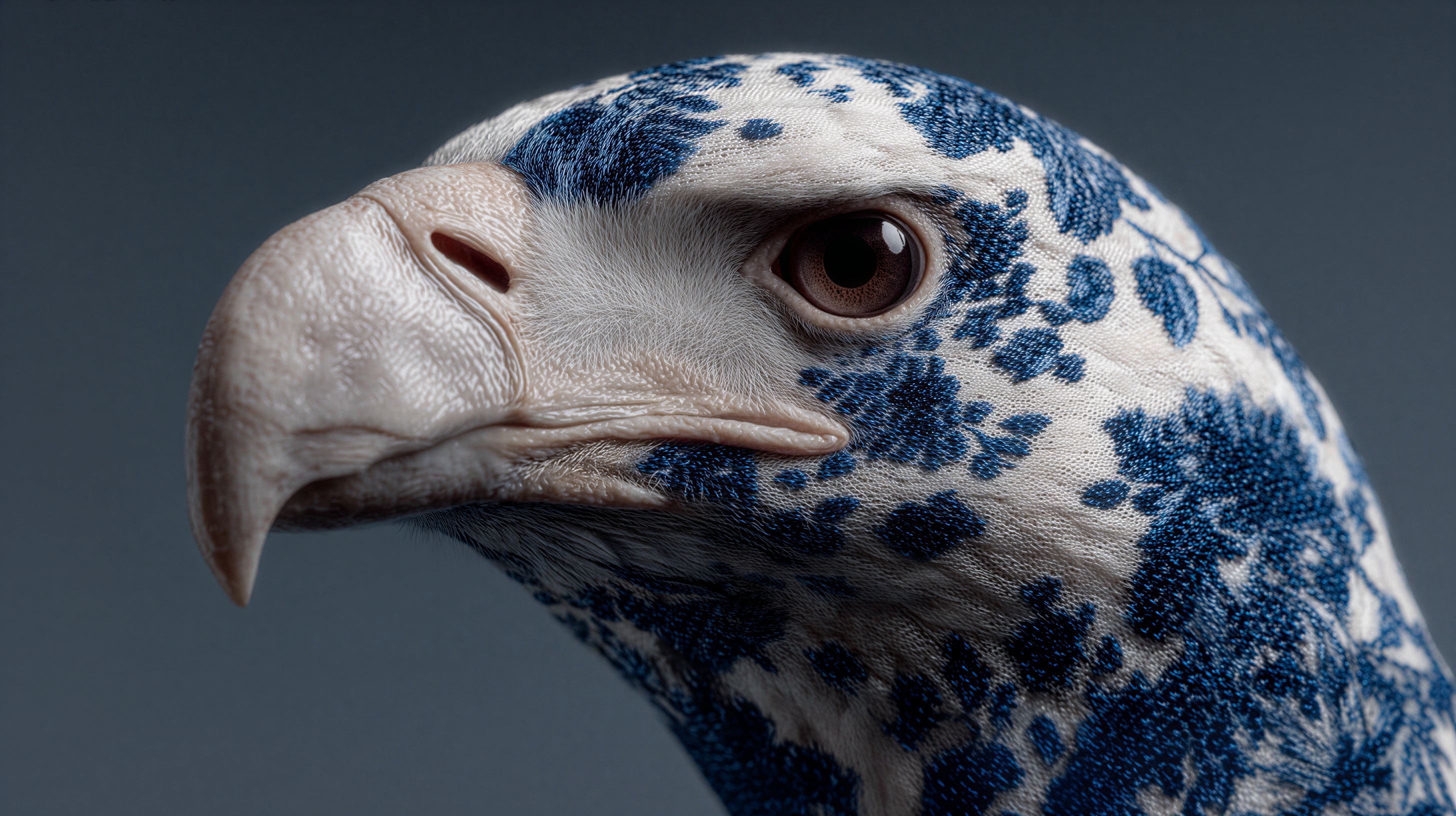 Close portrait of a hawk covered in a blue and white textile pattern